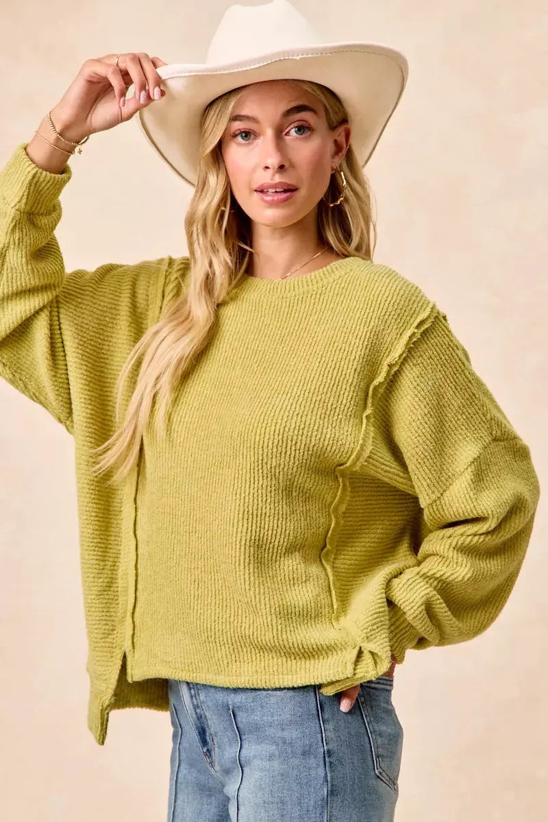 BiBi Boucle Rib Knit Uneven Hem Sweater With Open Seam by BiBi