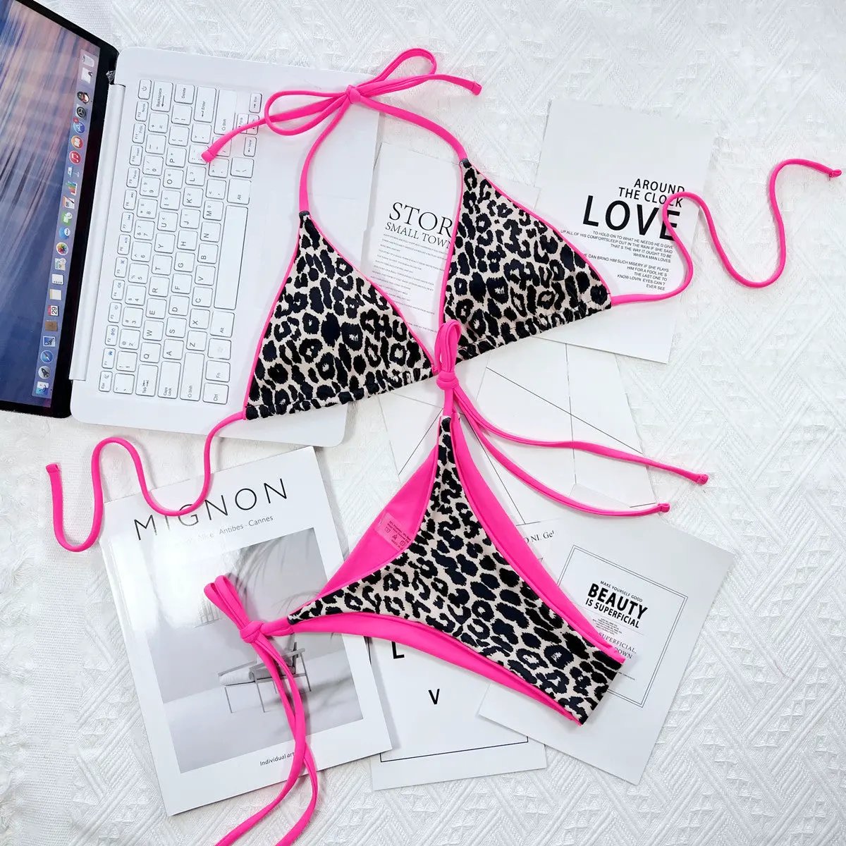 Leopard Print Halter Neck Tie Side Bikini Set by Partner Label
