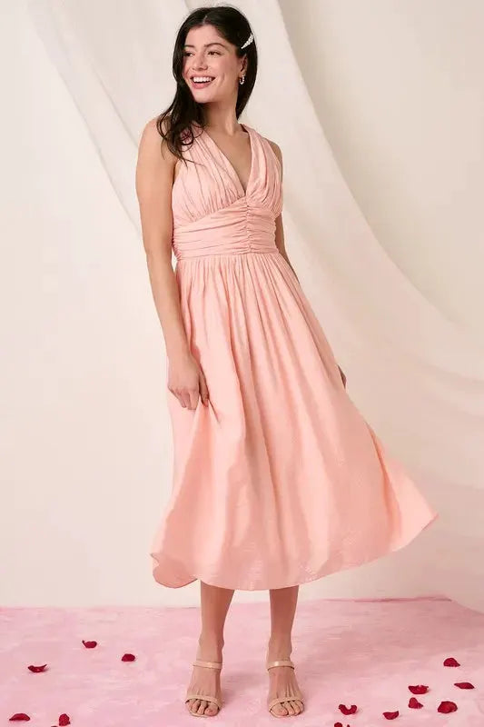 Mittoshop Ruched V-Neck Sleeveless Midi Dress by Mittoshop