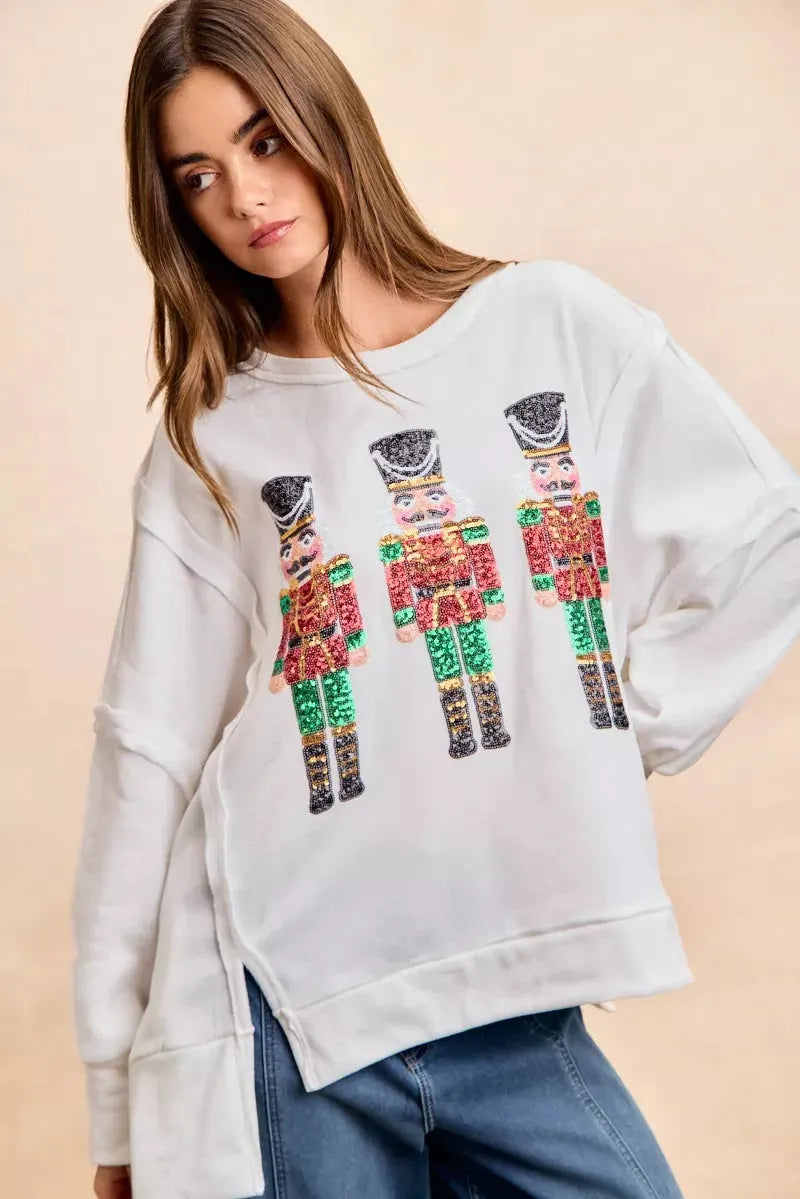 BiBi Christmas Sequin Nutcrackers Embroidery Sweatshirt by BiBi