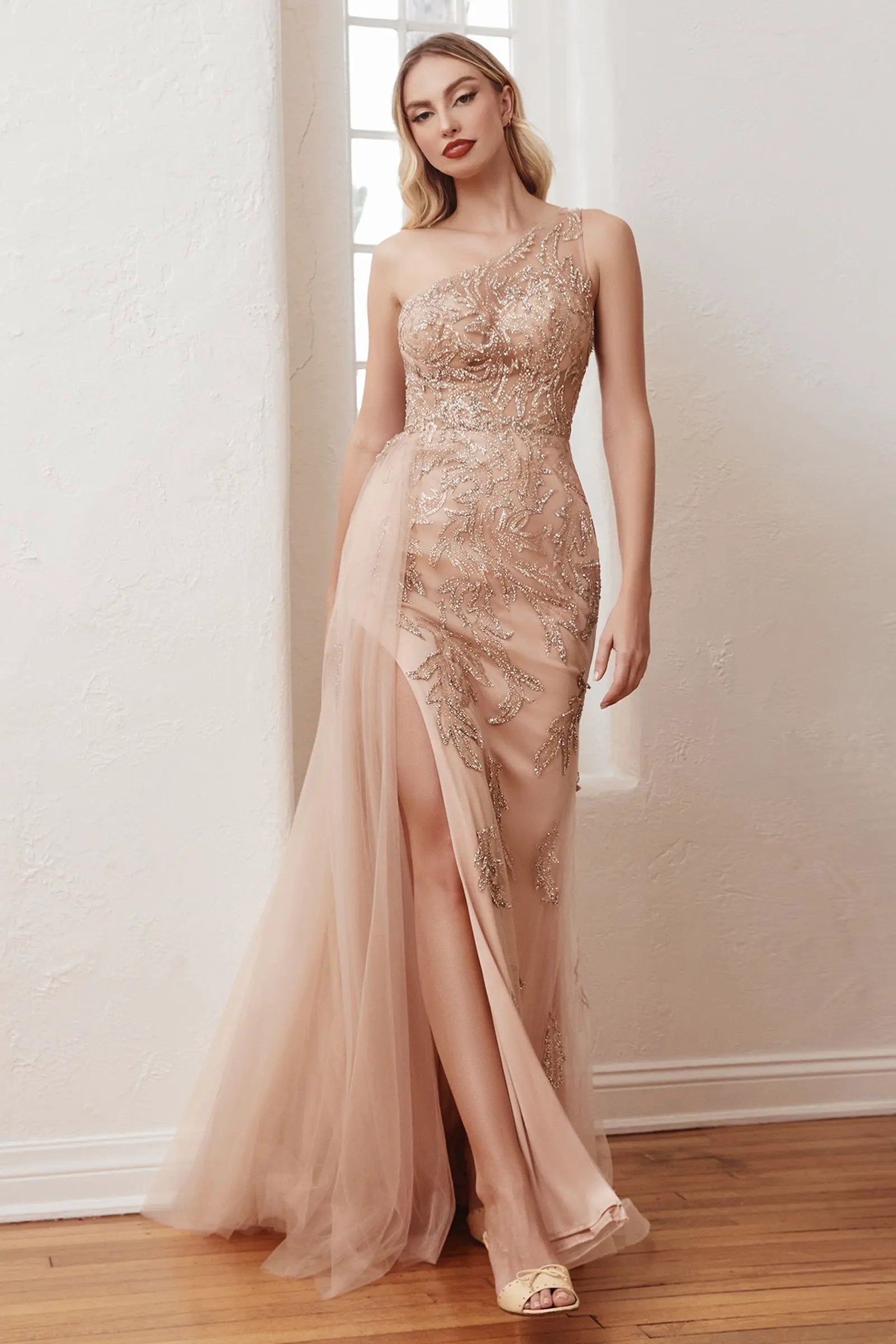 One Shoulder Embellished Gown With Tulle Overskirt by Partner Label
