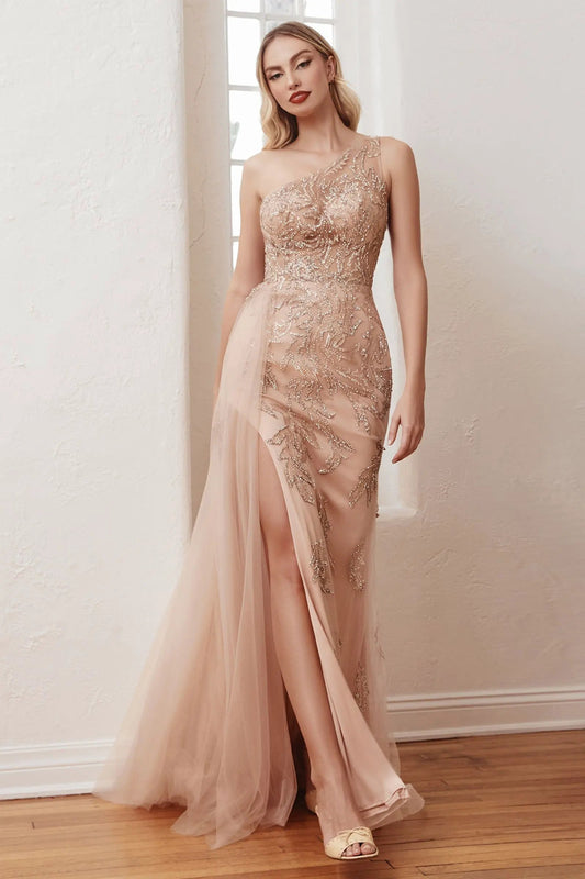 One Shoulder Embellished Gown With Tulle Overskirt by Partner Label