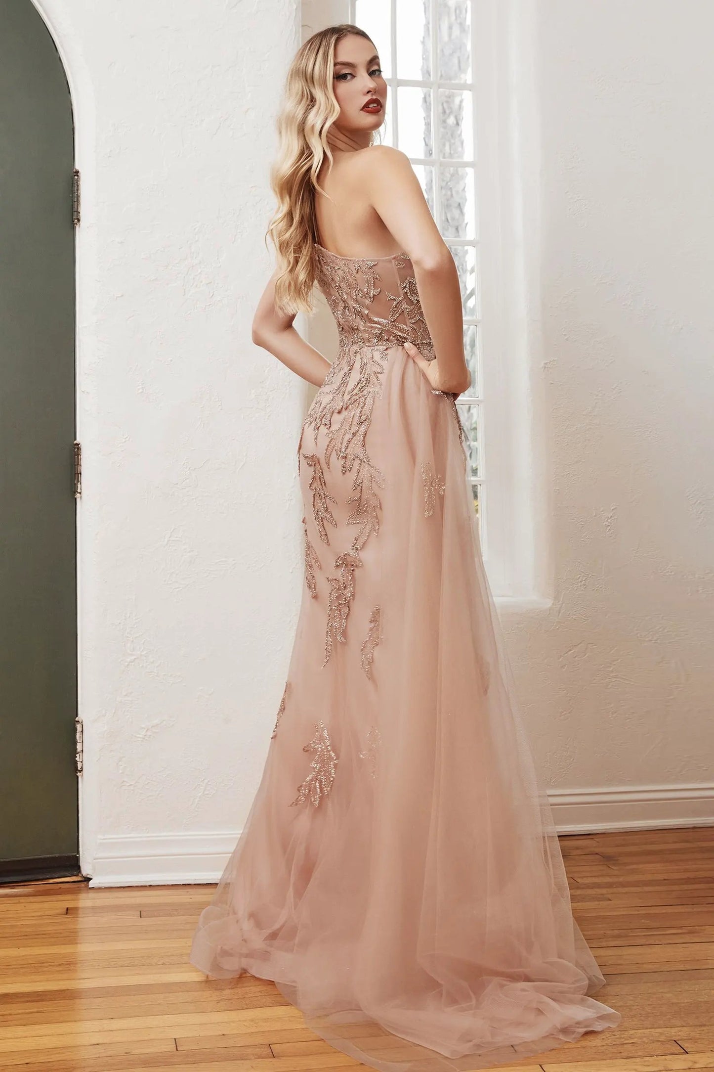 One Shoulder Embellished Gown With Tulle Overskirt by Partner Label