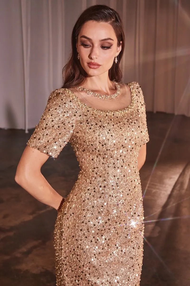 Cap Sleeve Fitted Sequin Gown by Tux-USA