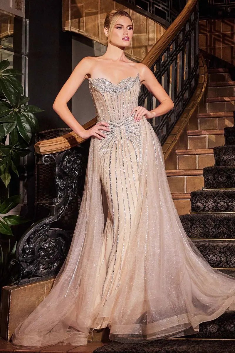 Strapless Crystal Embellished Gown With Overskirt by Tux-USA