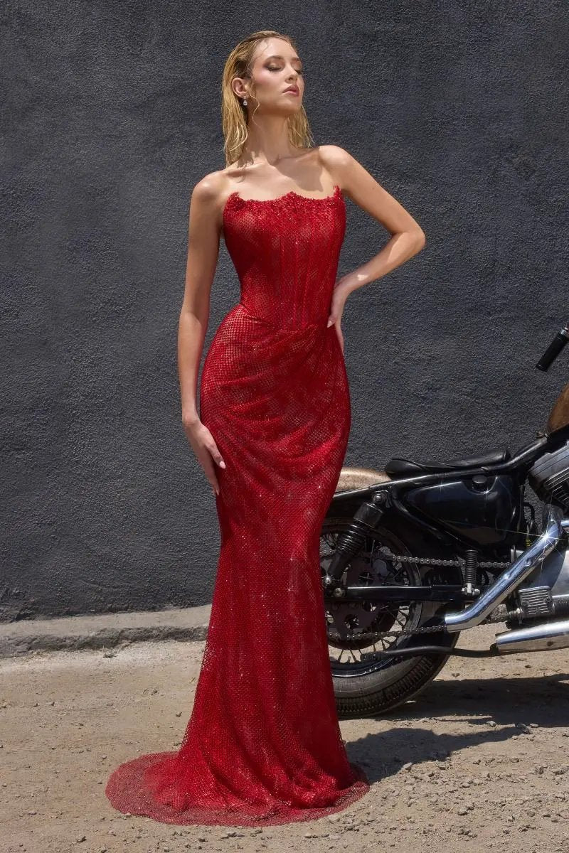Fully Beaded Fitted Gown Strapless Scoop Neckline Mesh Overlay Slit by Tux-USA