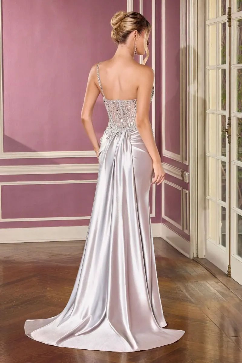 Fitted Dress Asymmetrical Neckline Illusion Beaded Bodice Ruched Satin Skirt Slit Sweep Train by Partner Label