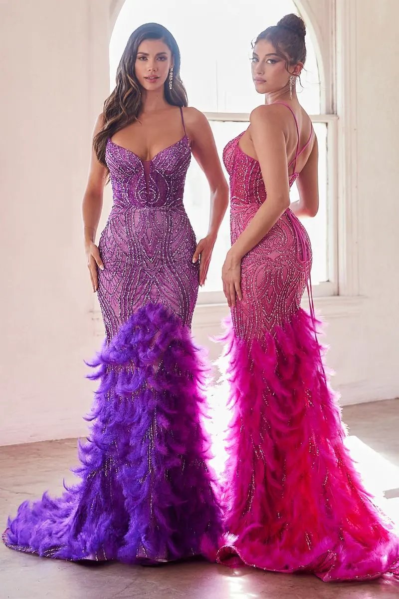 Feather Mermaid Gown with Beaded Corset Bodice by Tux-USA