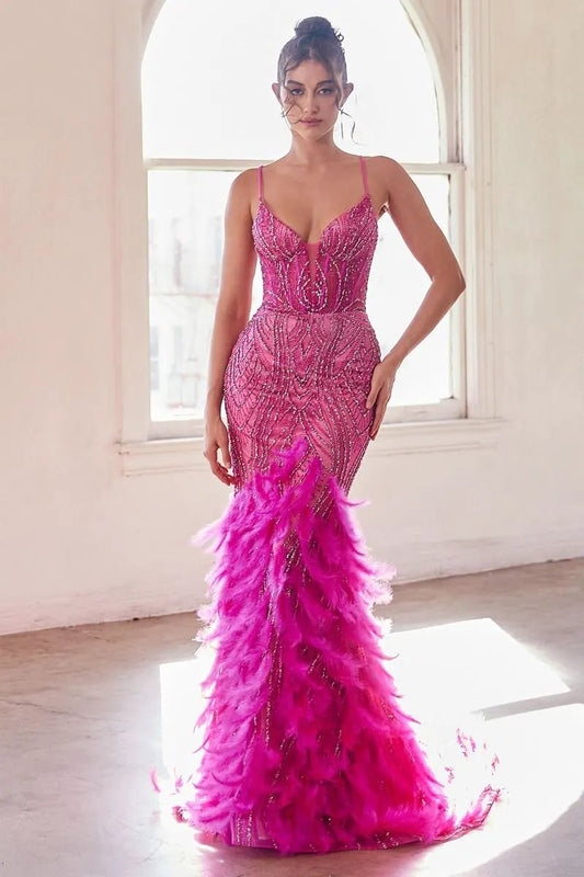 Feather Mermaid Gown with Beaded Corset Bodice by Tux-USA