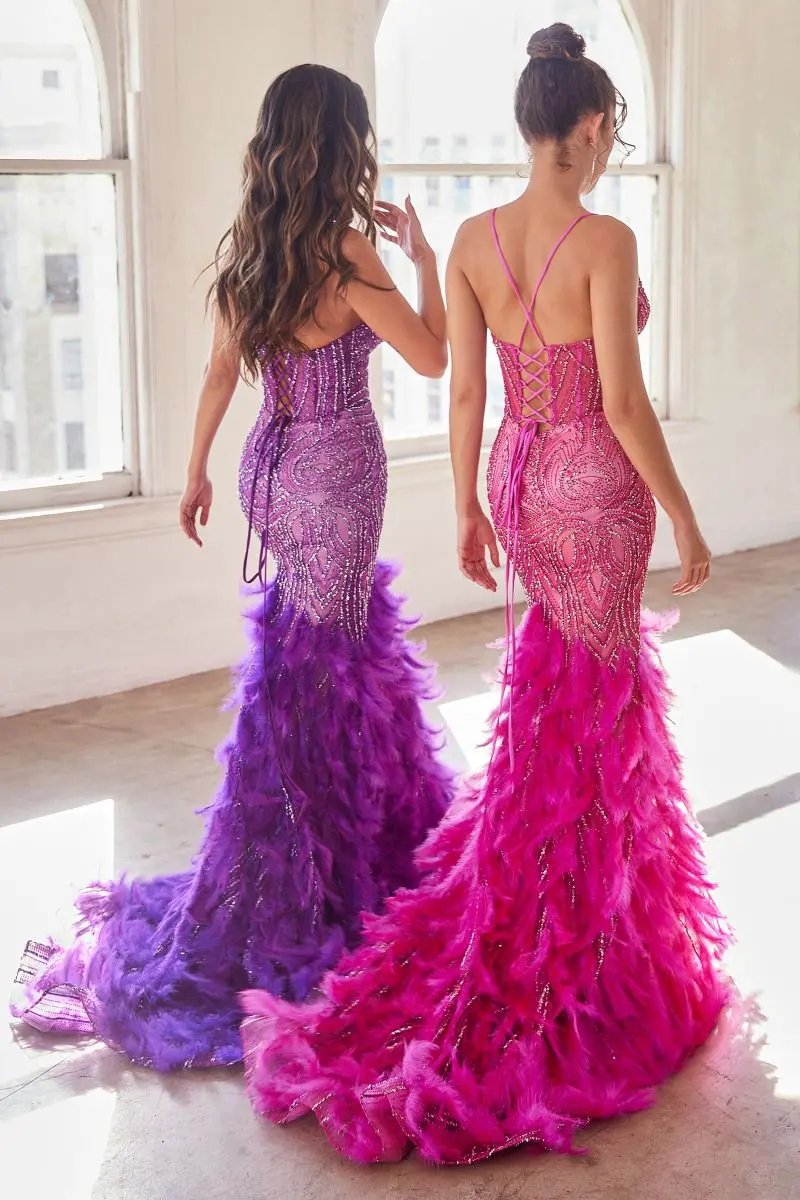 Feather Mermaid Gown with Beaded Corset Bodice by Tux-USA