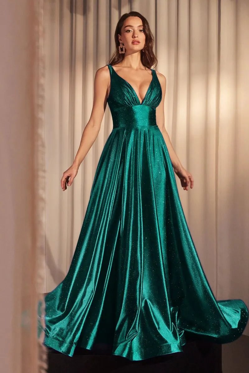 TuxUSA For Women Glamorous Stretch Satin Aline Dress With Deep V Neck Shine by Tux-USA