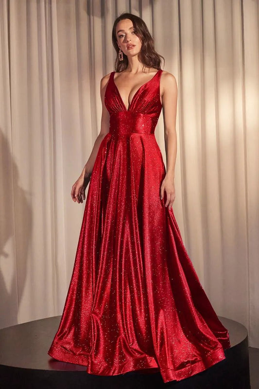 TuxUSA For Women Glamorous Stretch Satin Aline Dress With Deep V Neck Shine by Tux-USA