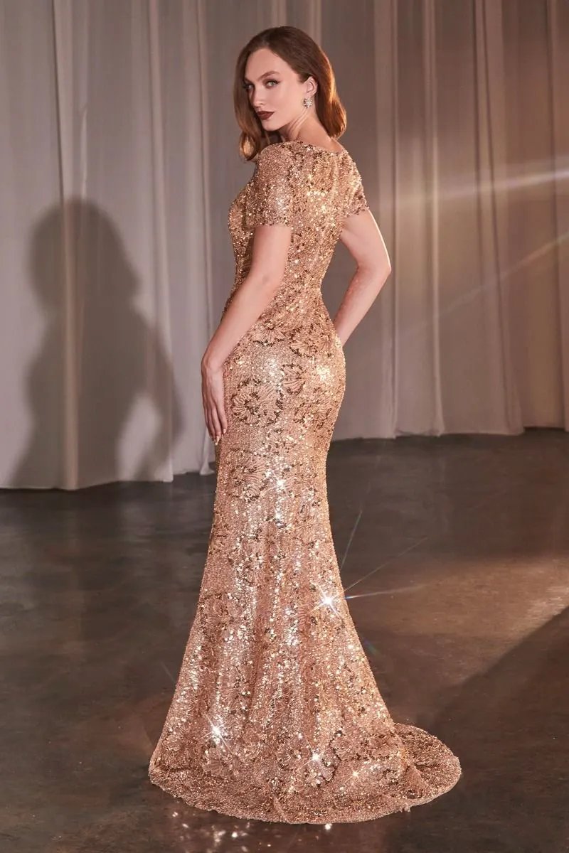 Rose Gold Floral Motif Sequin Fit & Flare Dress by Tux-USA