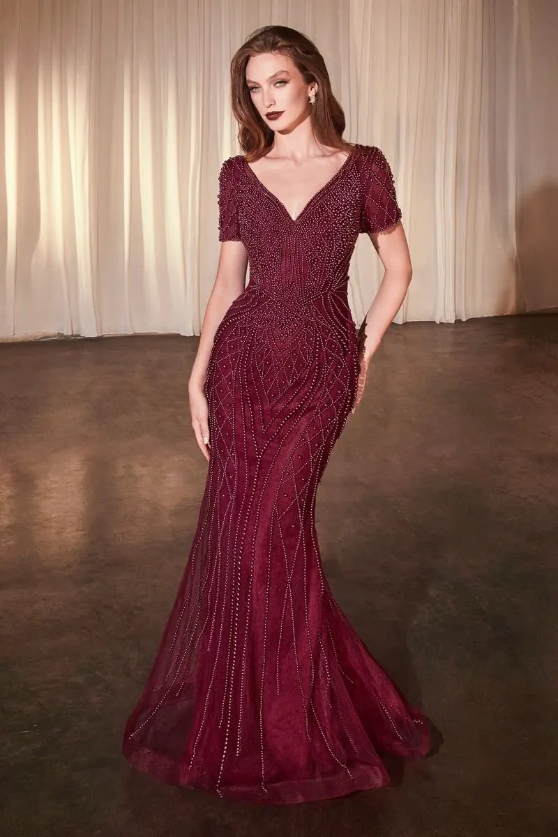 Short Sleeve Beaded Fit & Flare Gown by Tux-USA