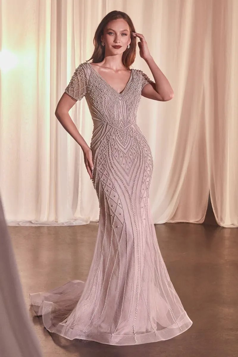 Short Sleeve Beaded Fit & Flare Gown by Tux-USA