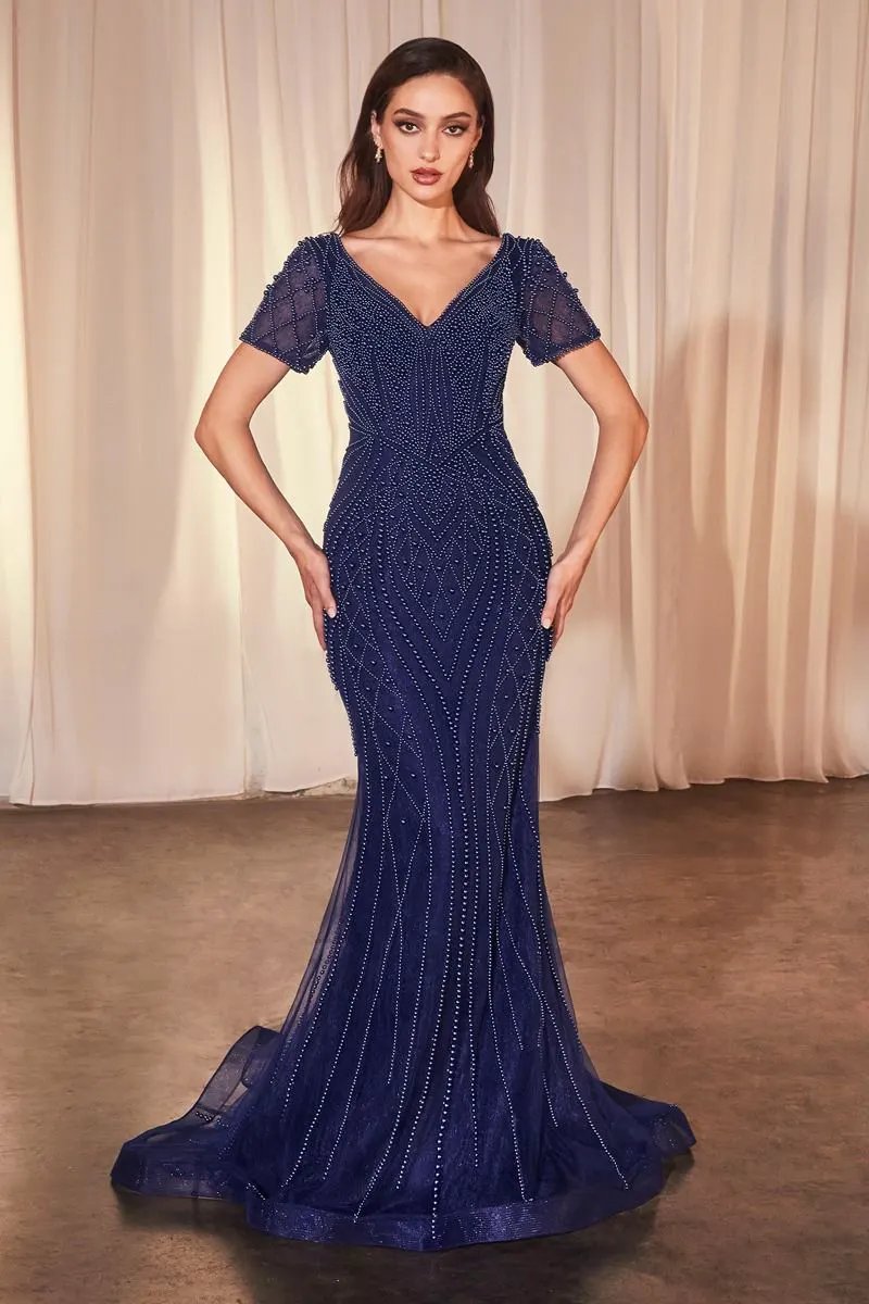 Short Sleeve Beaded Fit & Flare Gown by Tux-USA