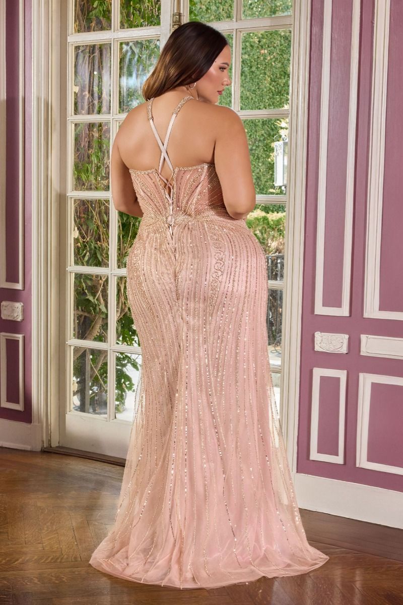 Beaded Halter Cutout Gown with Lace-Up Back and Mesh Overlay-2