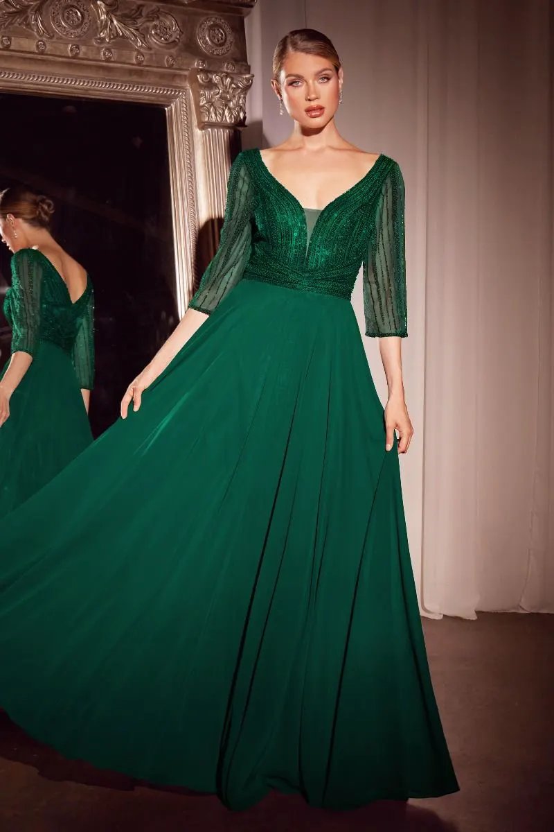 Three Quarter Sleeve Beaded Chiffon Dress by Tux-USA