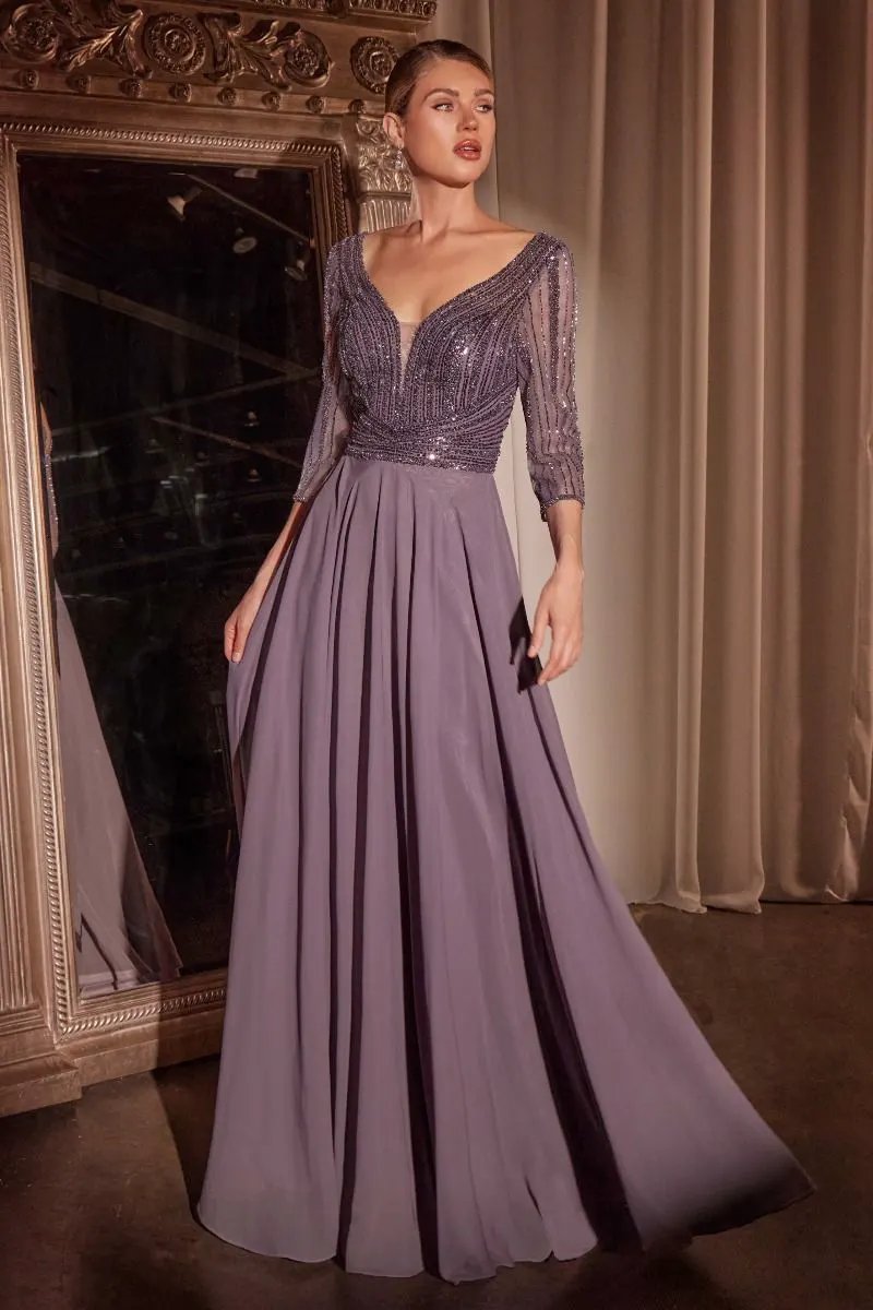 Three Quarter Sleeve Beaded Chiffon Dress by Tux-USA