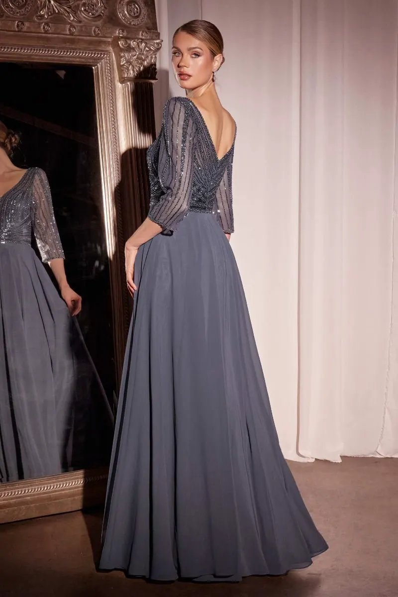 Three Quarter Sleeve Beaded Chiffon Dress by Tux-USA