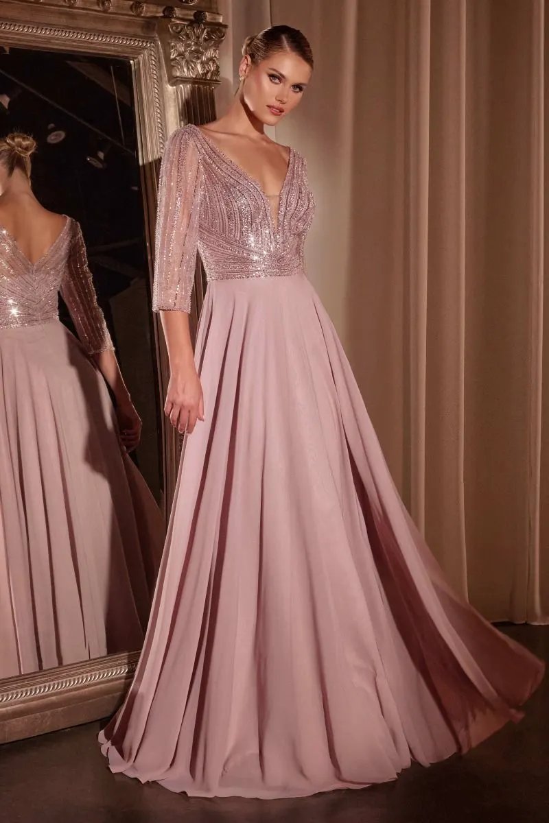 Three Quarter Sleeve Beaded Chiffon Dress by Tux-USA