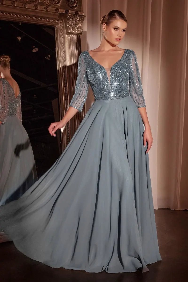 Three Quarter Sleeve Beaded Chiffon Dress by Tux-USA