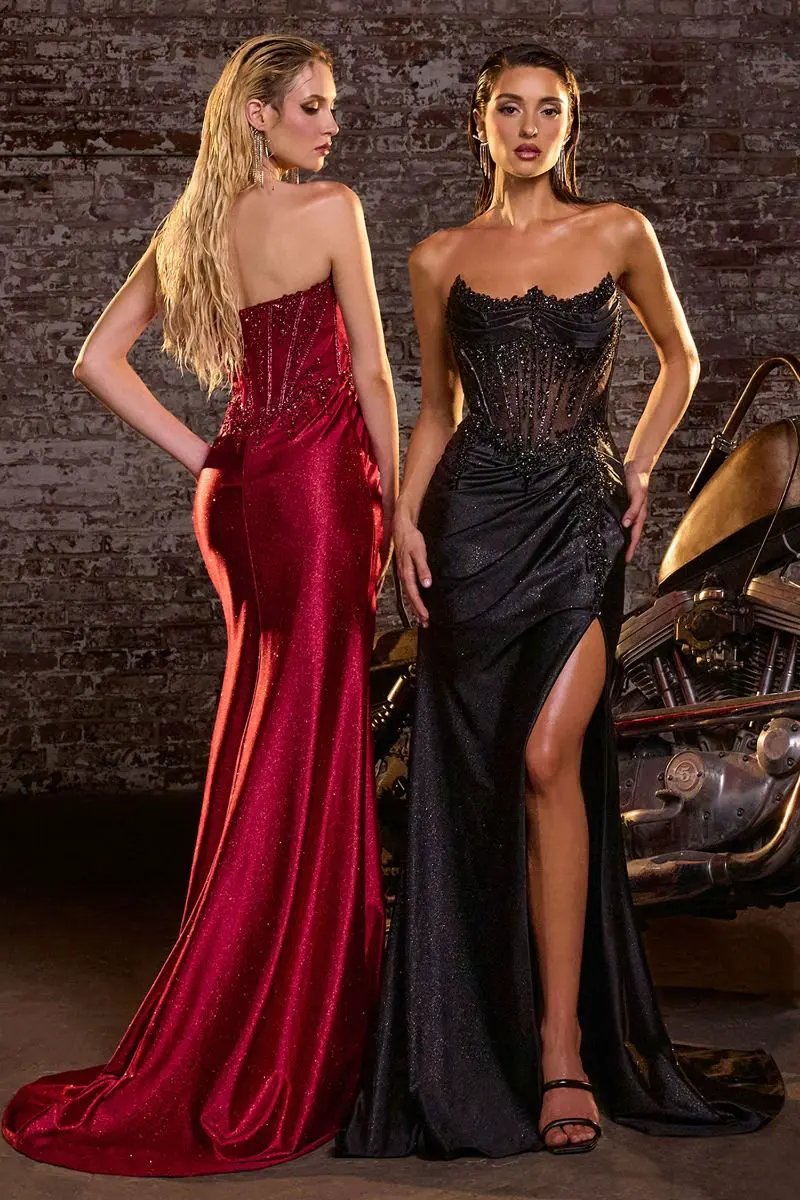 Strapless Embllished Fitted Satin Gown by Tux-USA