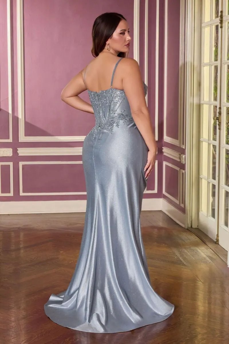 Fitted Gown Sweetheart Pleated Bodice Floral Appliqué Beaded Corset Slit by Tux-USA