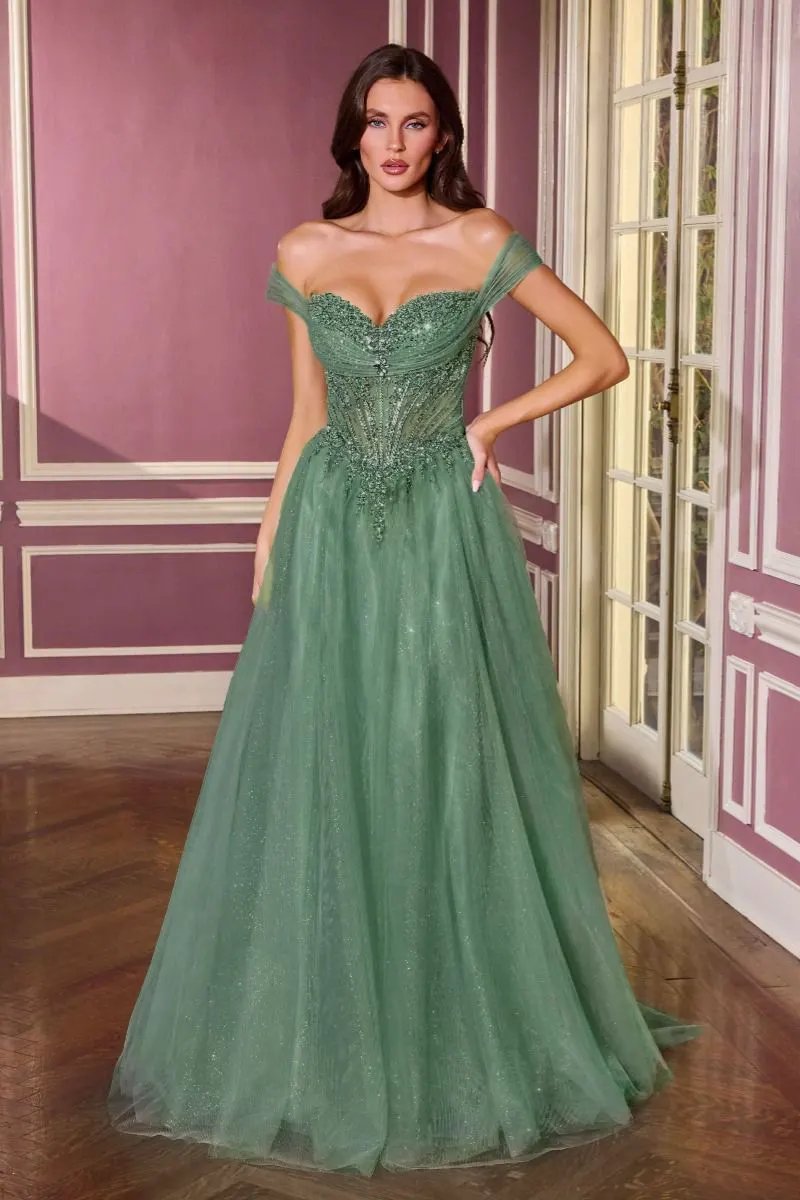 Ball Gown Off-The-Shoulder Neckline Draped Tulle Straps and a Fully Beaded Corset Bodice by Tux-USA