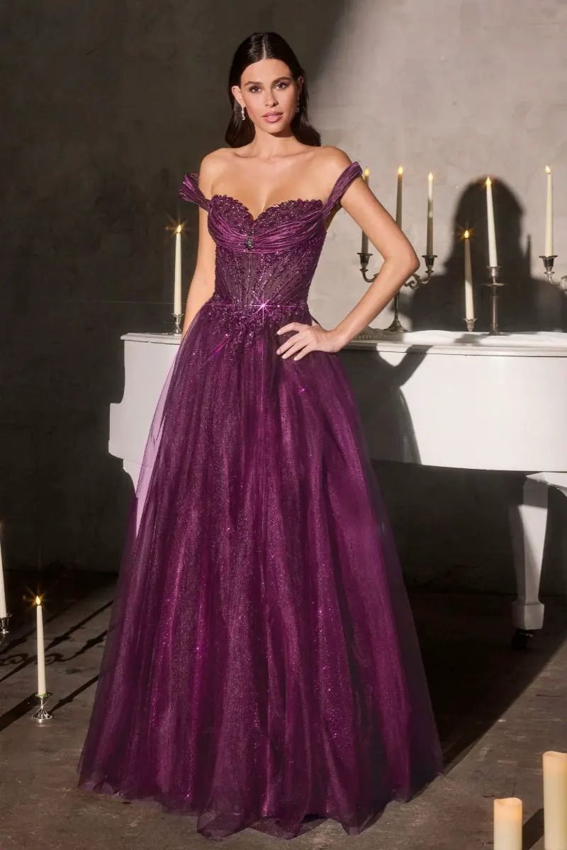 Ball Gown Off-The-Shoulder Neckline Draped Tulle Straps and a Fully Beaded Corset Bodice by Tux-USA