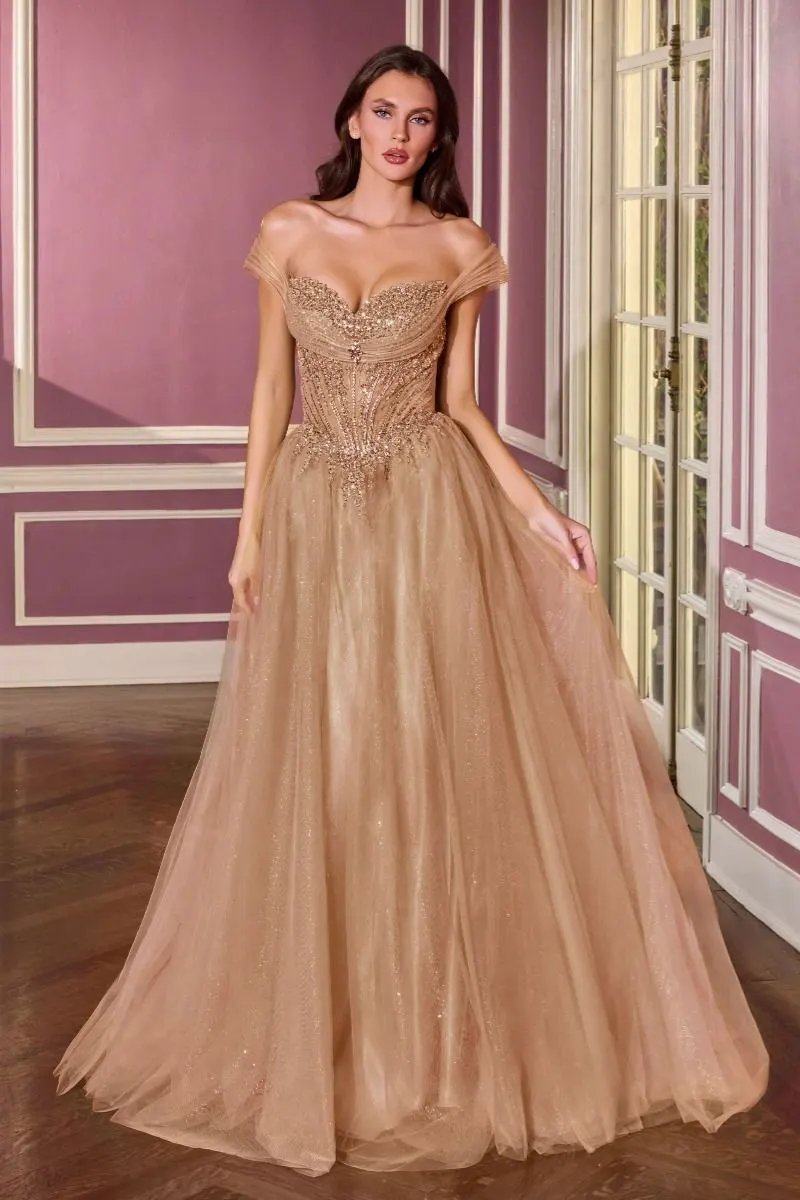 Ball Gown Off-The-Shoulder Neckline Draped Tulle Straps and a Fully Beaded Corset Bodice by Tux-USA