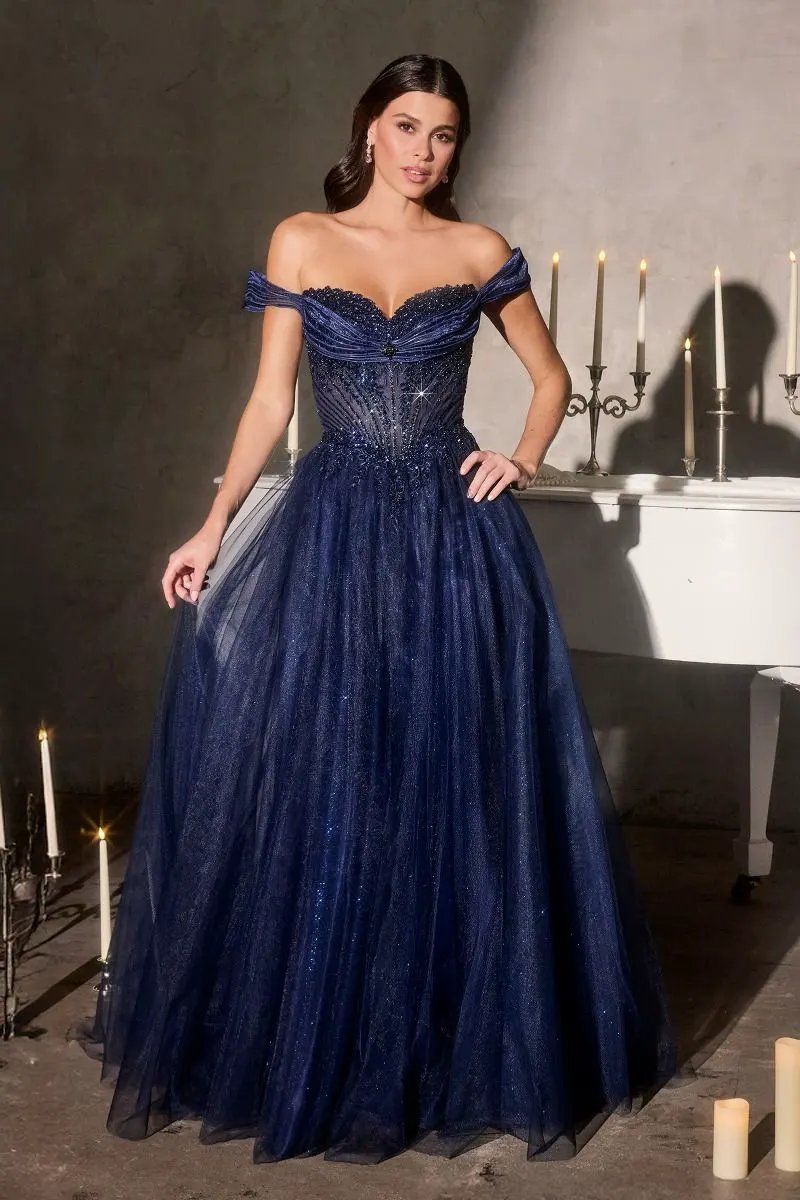 Ball Gown Off-The-Shoulder Neckline Draped Tulle Straps and a Fully Beaded Corset Bodice by Tux-USA