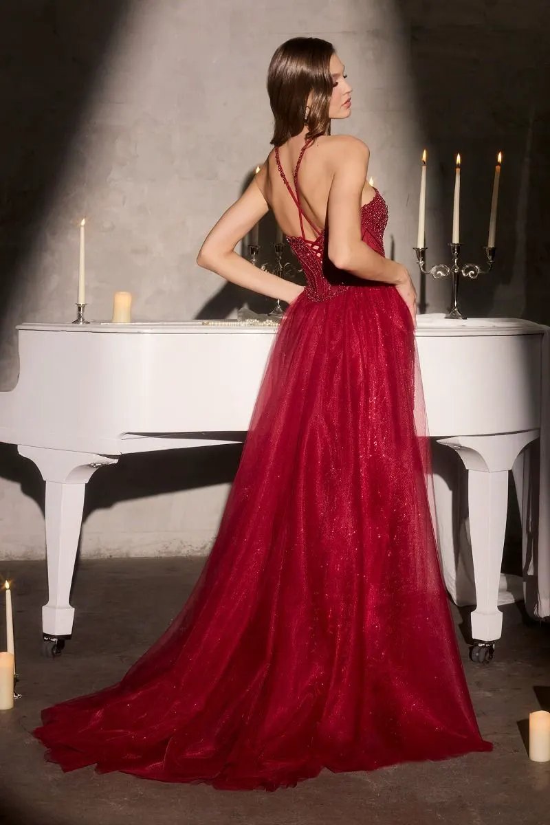 Fitted Dress Halter Neckline Crossover Beaded Bodice Sheer Corset Detachable Overskirt Train by Tux-USA