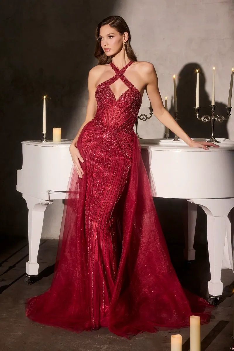 Fitted Dress Halter Neckline Crossover Beaded Bodice Sheer Corset Detachable Overskirt Train by Tux-USA