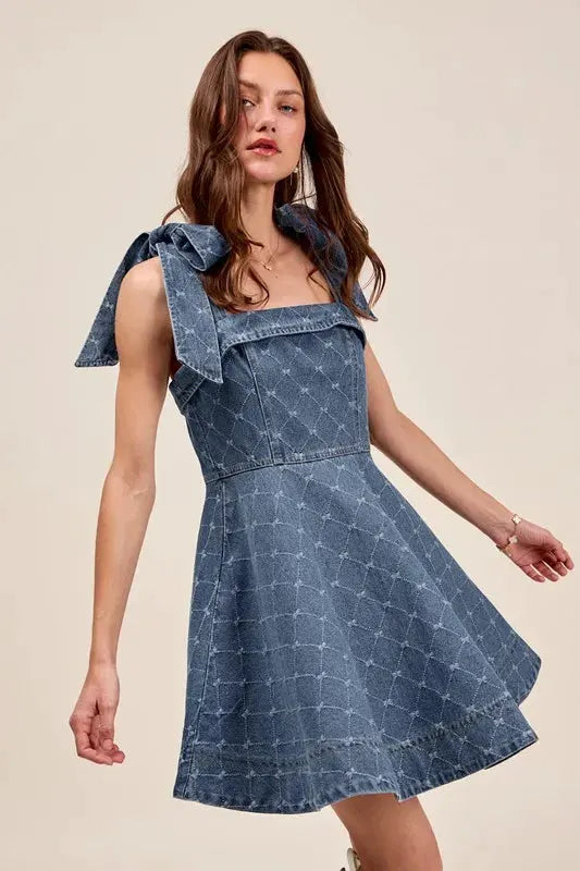 SO ME A Line Fit and Flare Diamond Bow Ribbon Denim Dres by SO ME