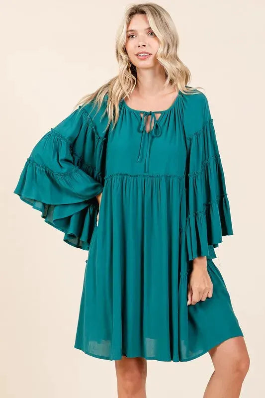 Mittoshop Frill Tie Neck Bell Sleeve Dress by Mittoshop