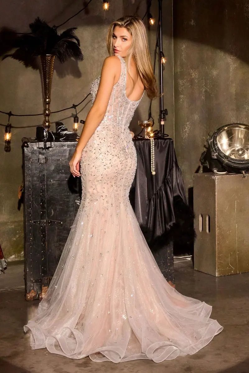 Beaded Mermaid Gown Scoop Neckline Crystal Embellishment Layered Tulle Skirt by Tux-USA