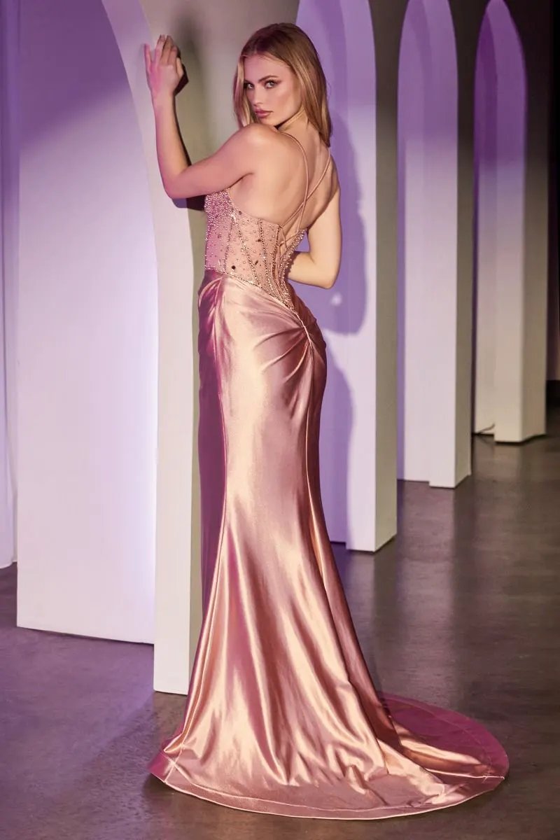 Fitted Rose Gold Satin Dress With Beaded Bodice by Partner Label