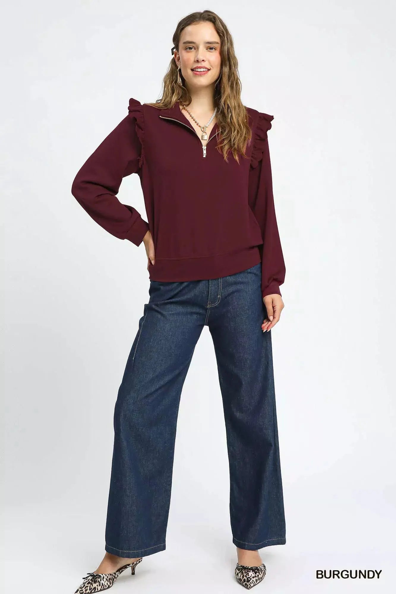 Umgee Luxeknit Ruffle Shoulder Quarter-Zip Sweatshirt by Umgee