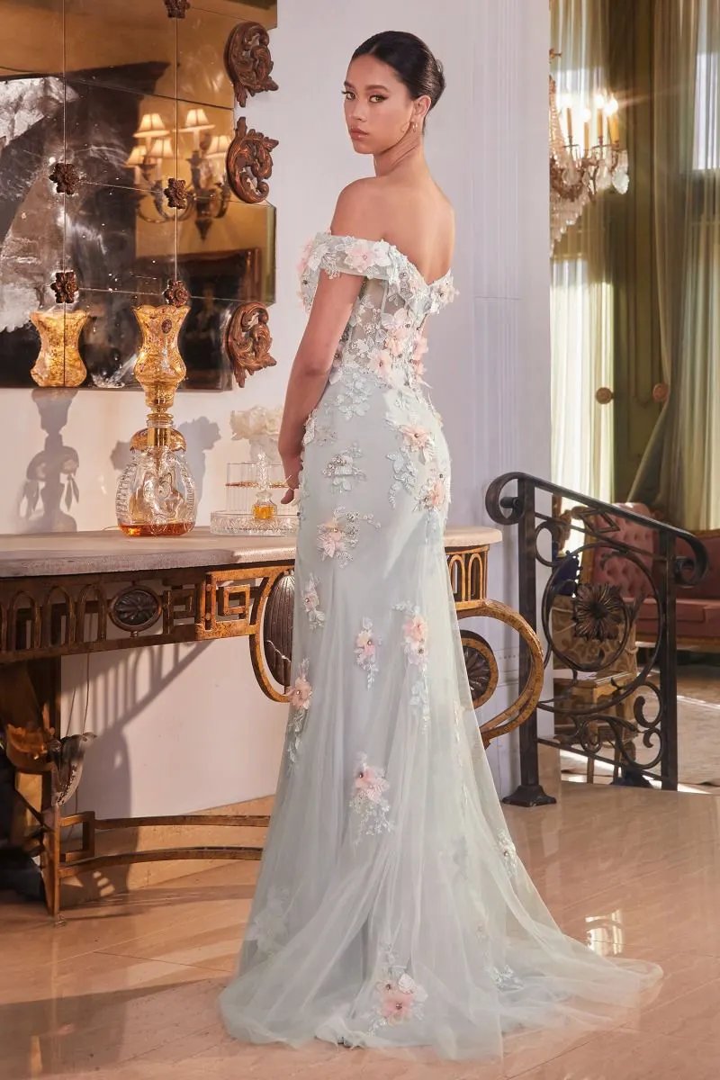 Off The Shoulder Floral Applique Gown by Tux-USA