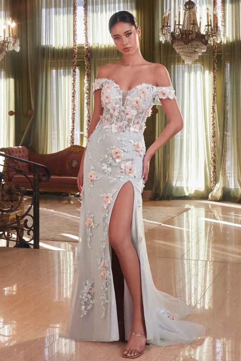 Off The Shoulder Floral Applique Gown by Tux-USA
