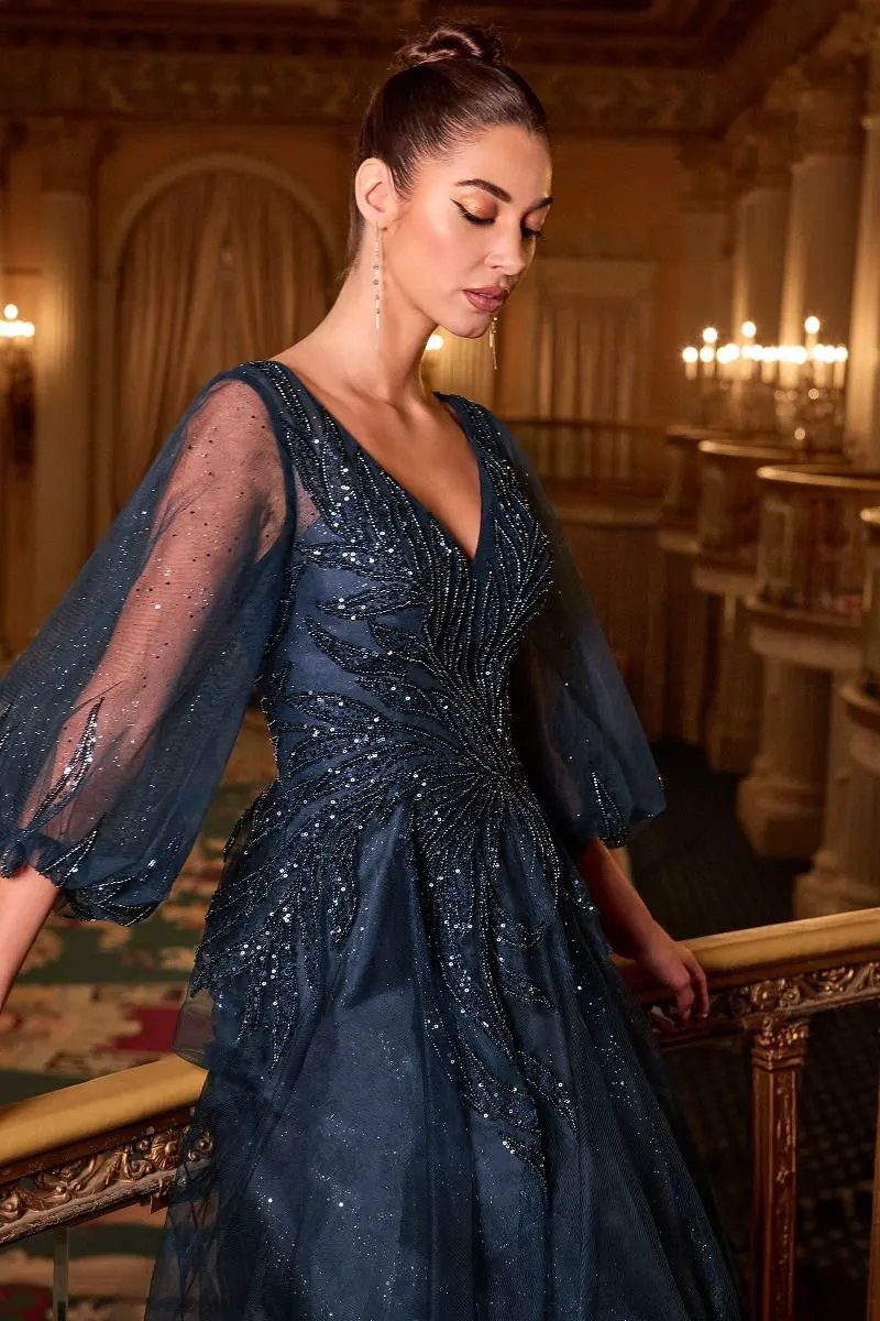 Long Sleeve A-Line Tulle Evening Gown with Embellished Appliqué Bodice by Tux-USA