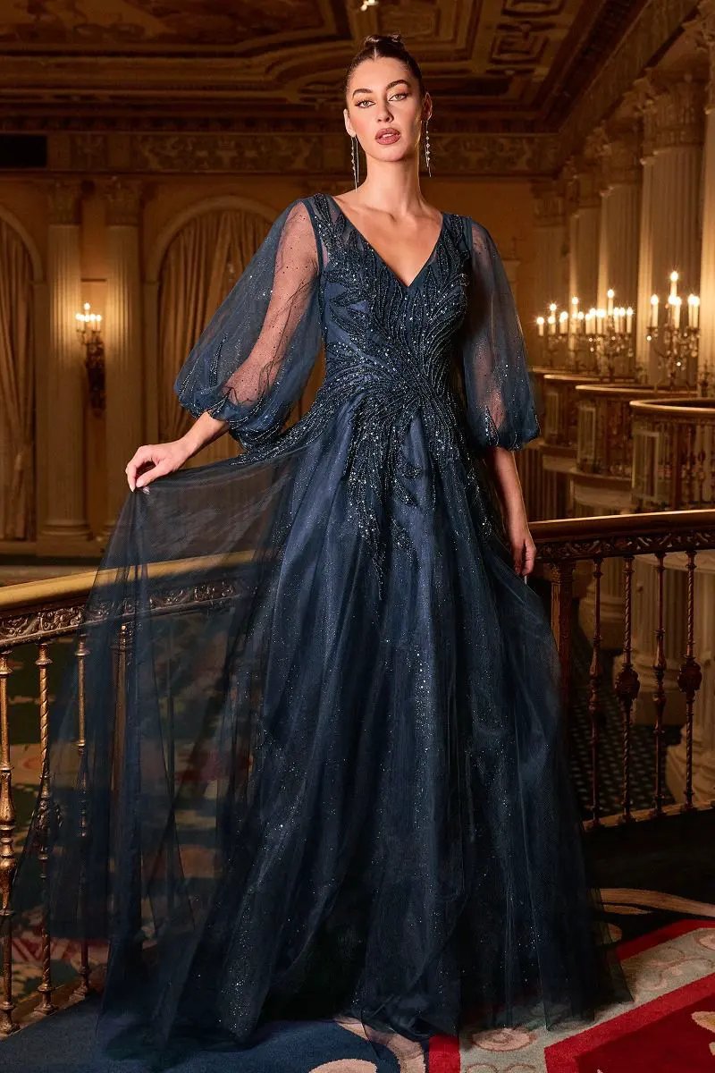 Long Sleeve A-Line Tulle Evening Gown with Embellished Appliqué Bodice by Tux-USA