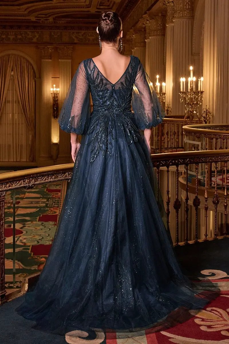 Long Sleeve A-Line Tulle Evening Gown with Embellished Appliqué Bodice by Tux-USA