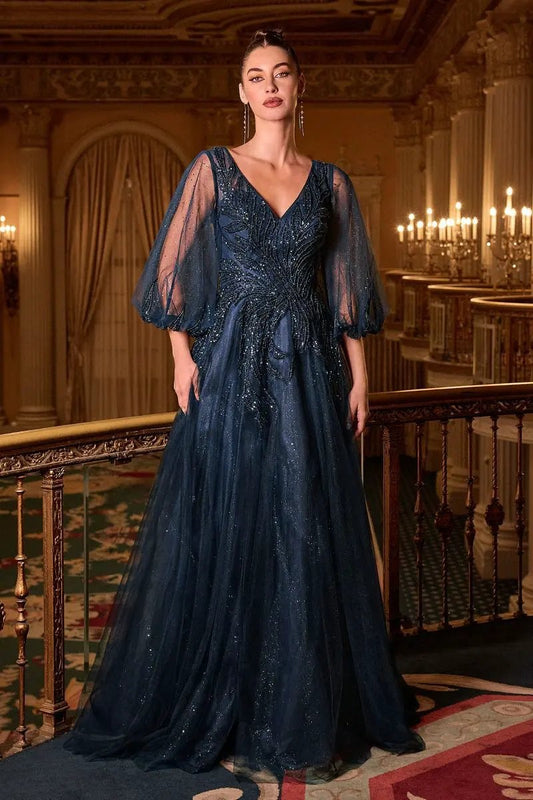 Long Sleeve A-Line Tulle Evening Gown with Embellished Appliqué Bodice by Tux-USA
