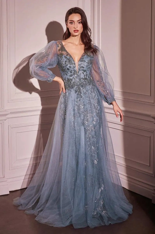 Long Sleeve Layered Tulle A-Line Gown by Tux-USA