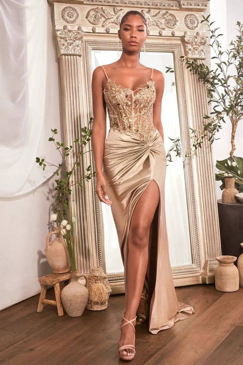Fitted Satin Gown With Embellished Bodice by Tux-USA