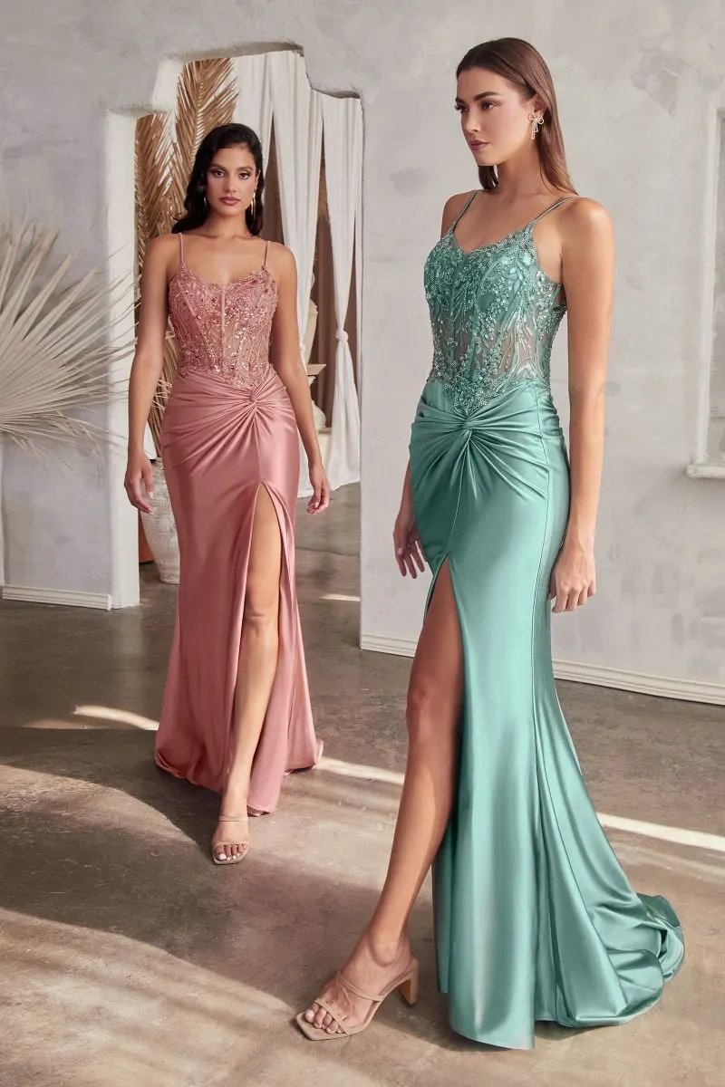 Fitted Satin Gown With Embellished Bodice by Tux-USA