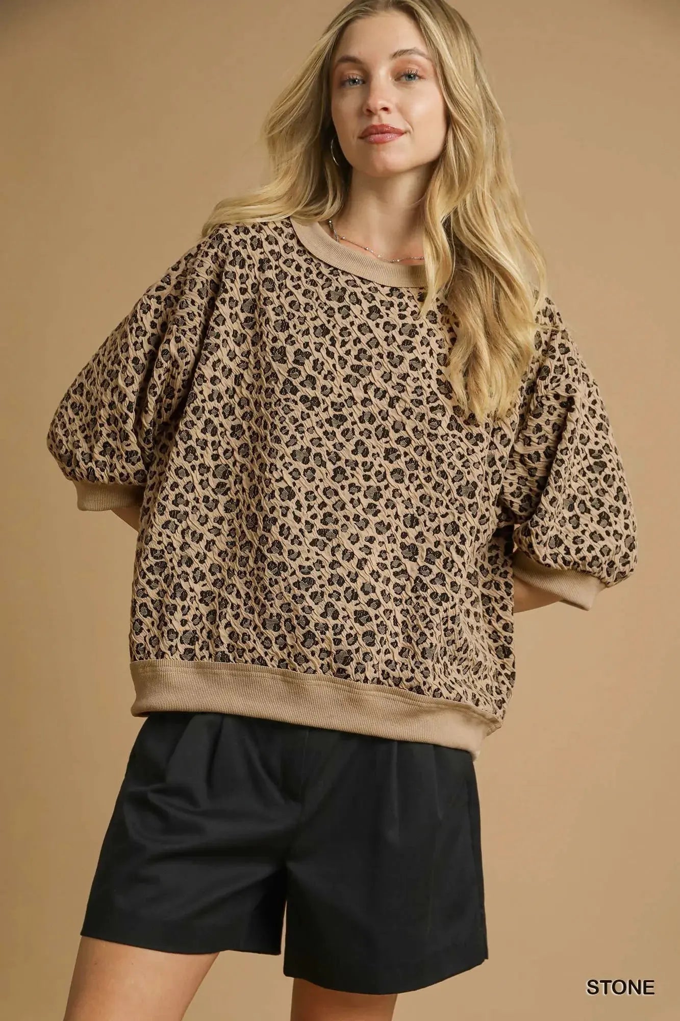 Umgee Leopard Knit Jacquard Puff Sleeve Sweatshirt by Umgee