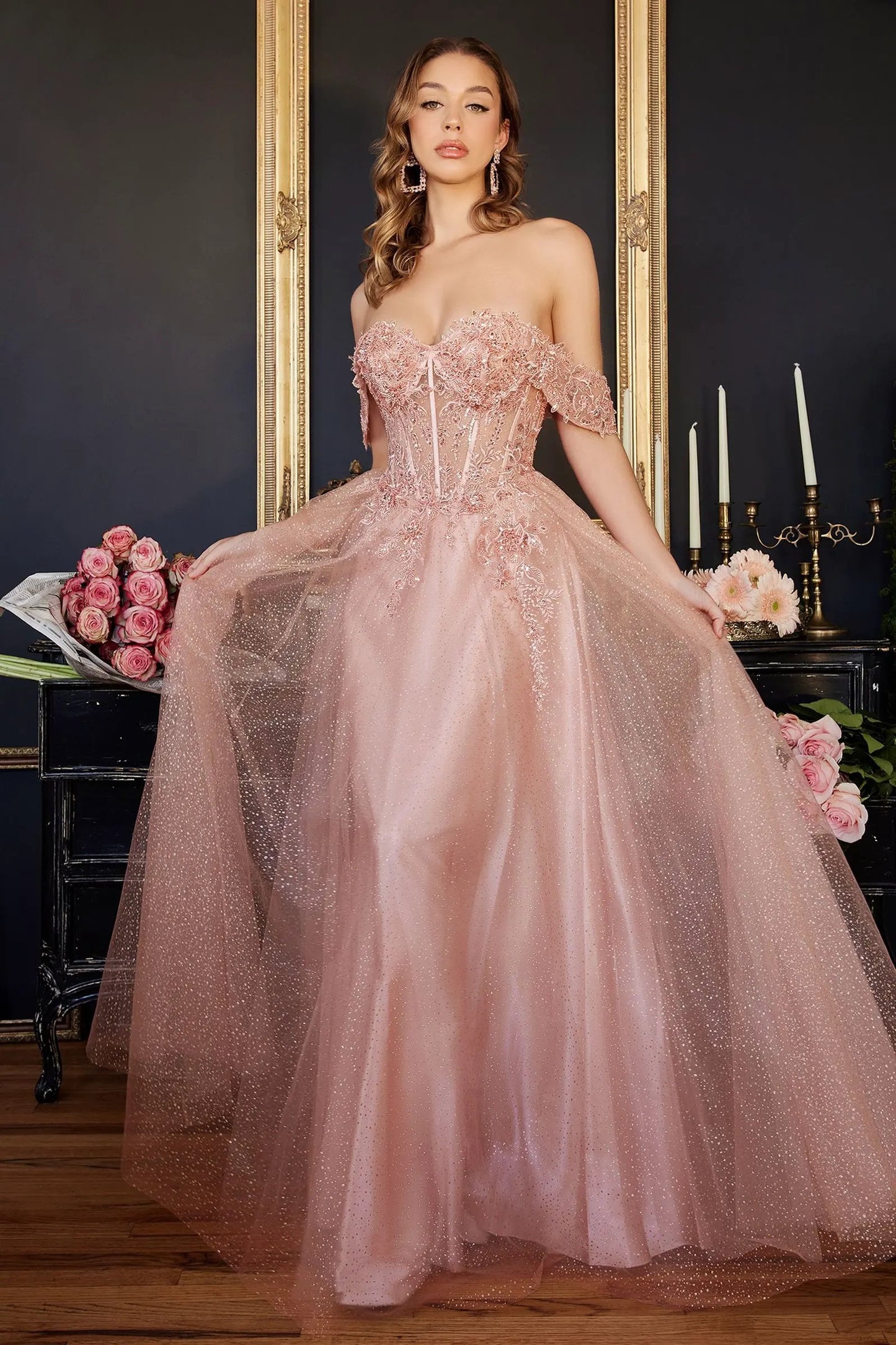 Lace A-Line Gown With Off The Shoulder Sleeves by Tux-USA